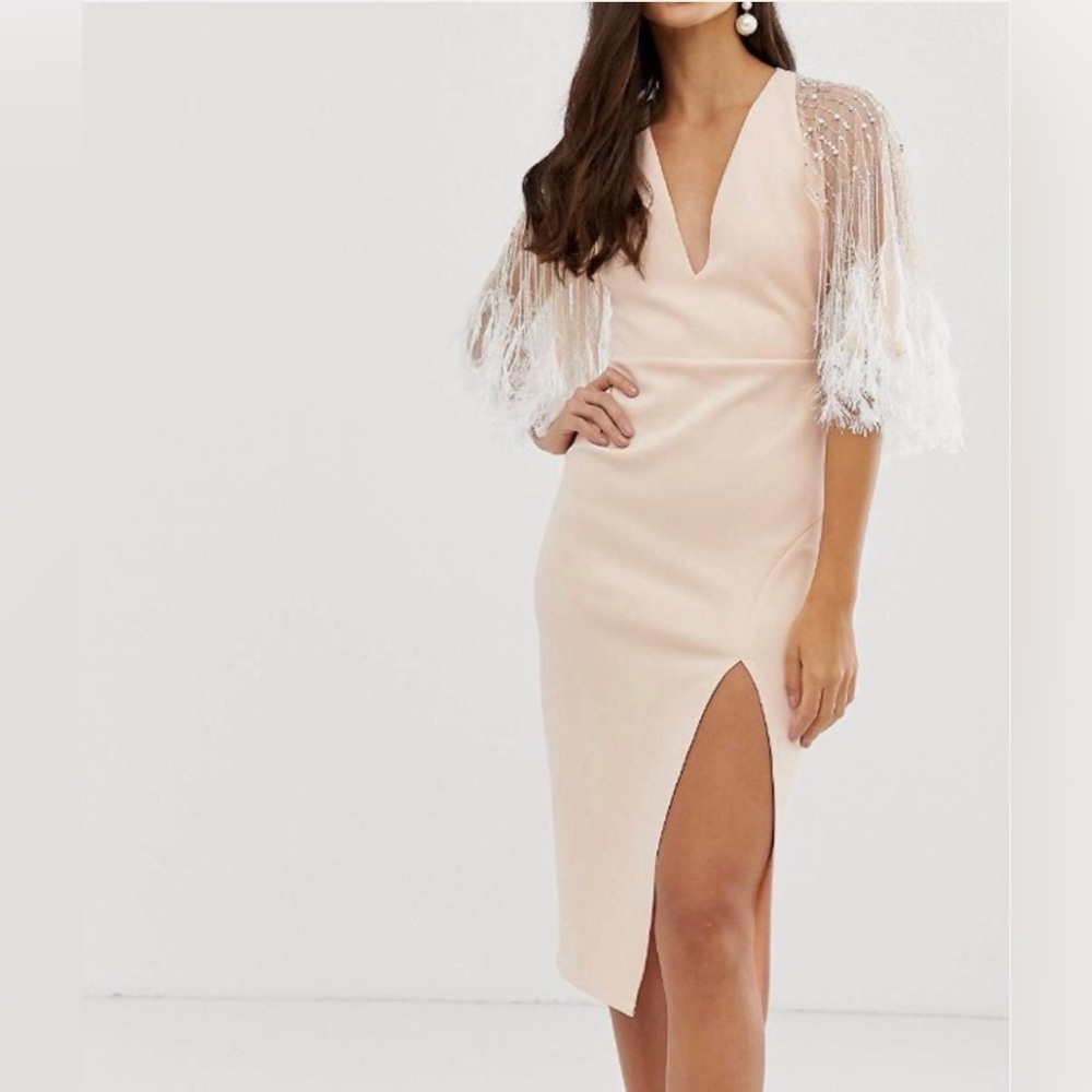 NWT ASOS Design Curve Blush Faux Feather Cape Midi Pencil Dress Women’s 16 Plus
